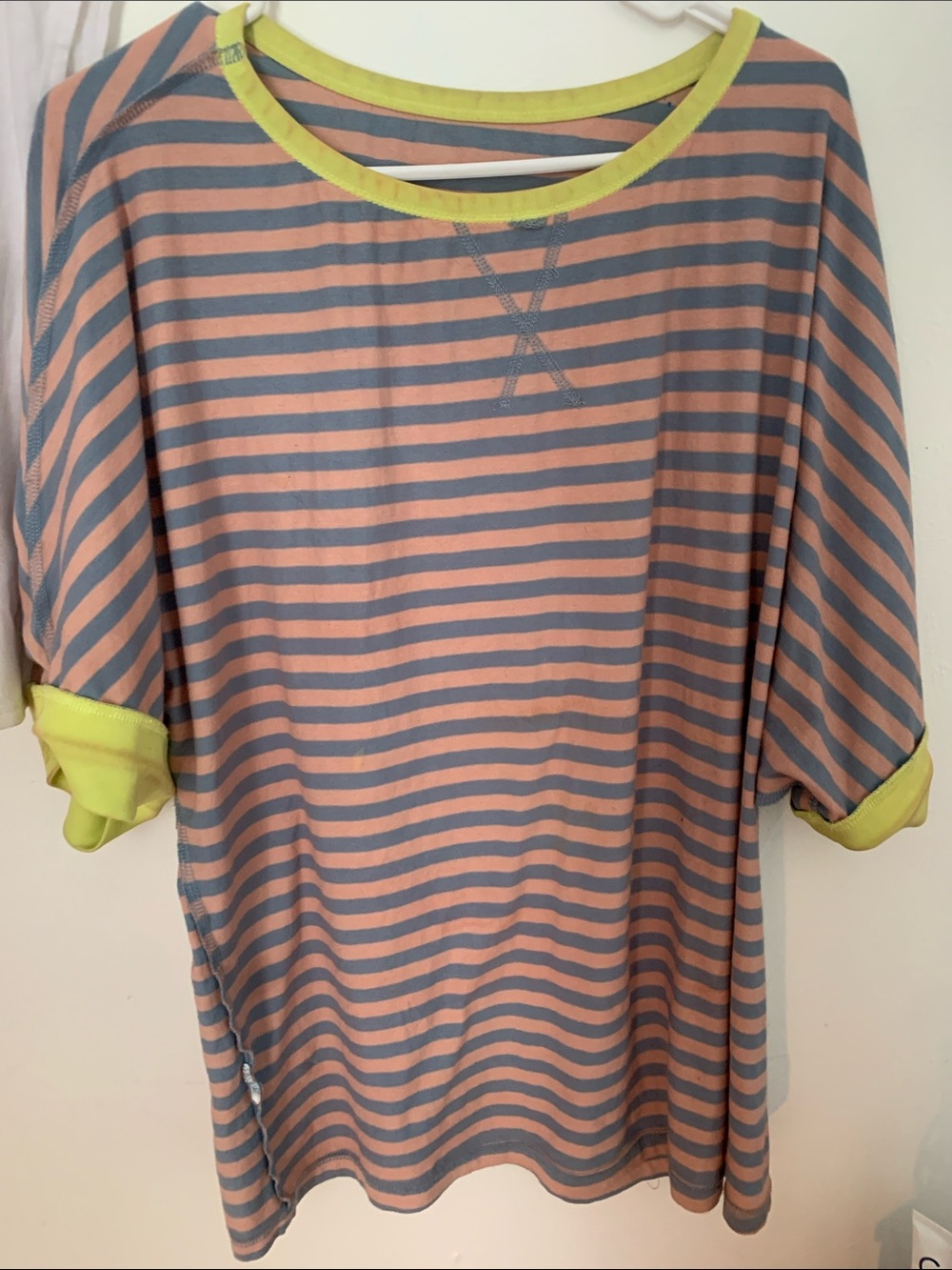 No Boundaries Striped Short-Sleeve Tee in Pink and Gray with Yellow Trim